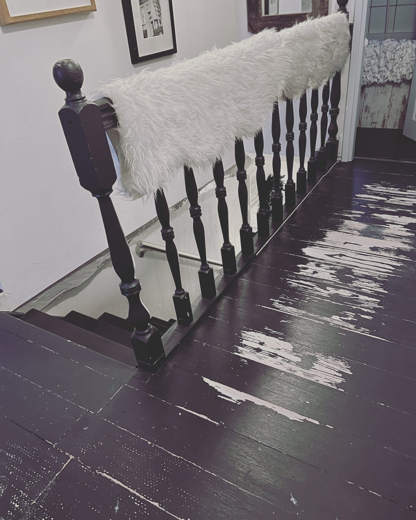 The start of the transformation - landing floor sanding before undercoating begins.